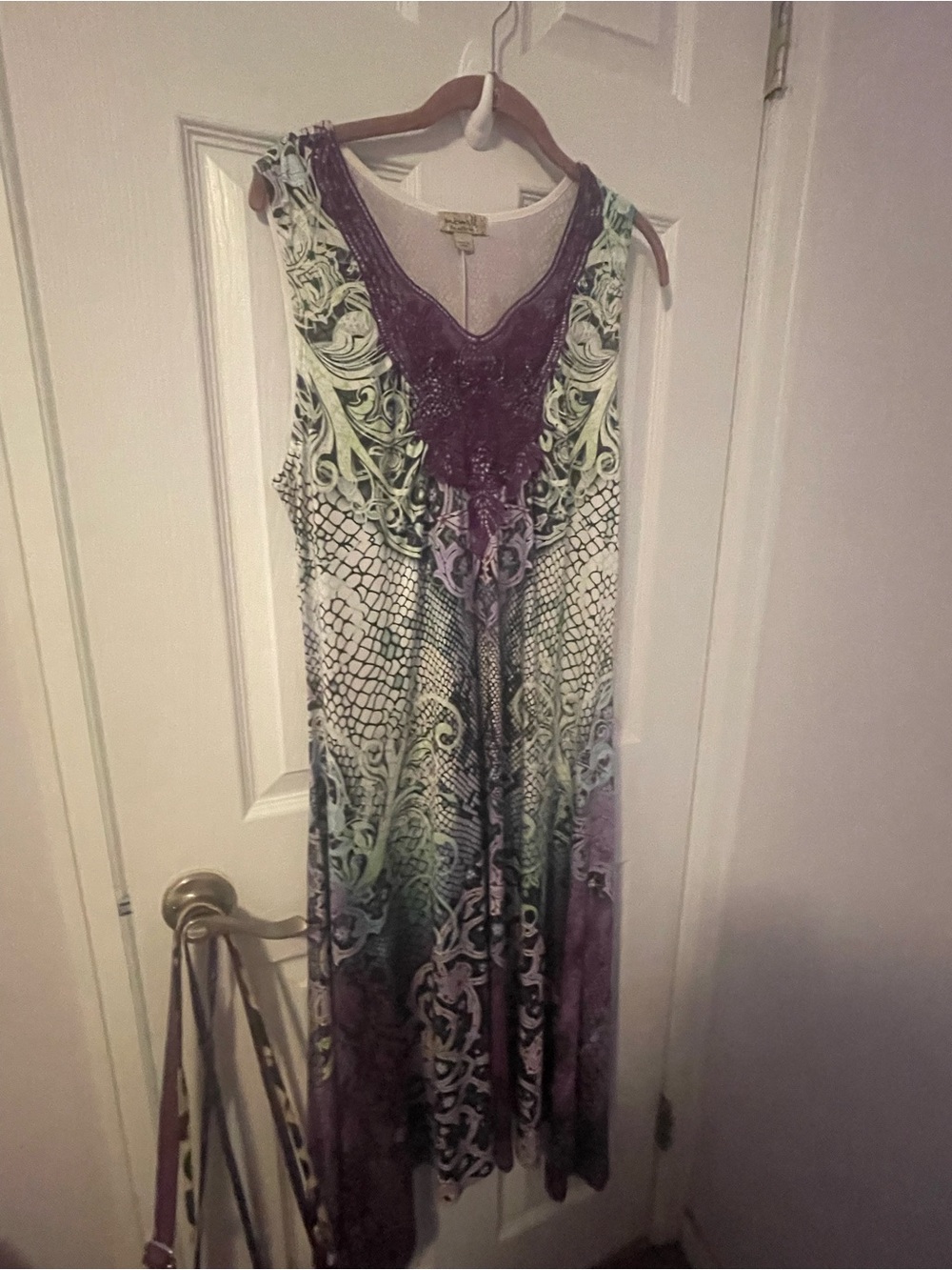 ONE WORLD Sleeveless V-Neck Maxi Dress in Purple and Green Accents